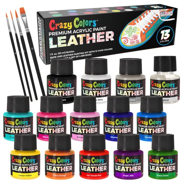 Crazy Colors Premium Acrylic Leather and Shoe Paint Kit, 13 Colors, Deglazer, 4-Piece Brush Set - 1 oz Bottles, Flexible, Scratch Peel Resistant - Artist Sneakers, Jackets, Bags, Purses, Furniture