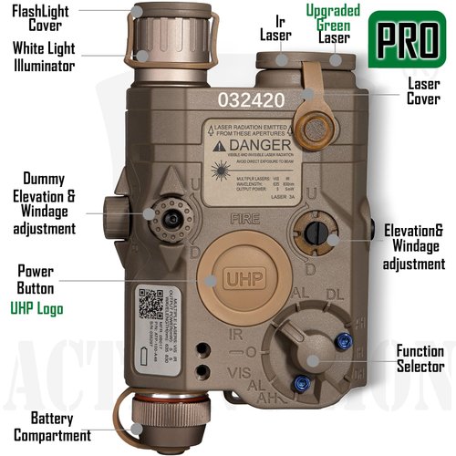 ACTIONUNION Airsoft PEQ-15 Pro IR Laser + UHP Visible Green Laser + White LED Flashlight (Tan)