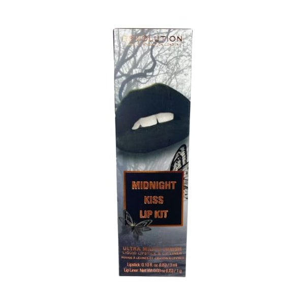 Revolution Midnight Kiss Lip Kit, Ultra Matte Finish Lipstick & Lip Liner, Black 0.10 Fl Oz/0.03 oz (Packaging May Vary)