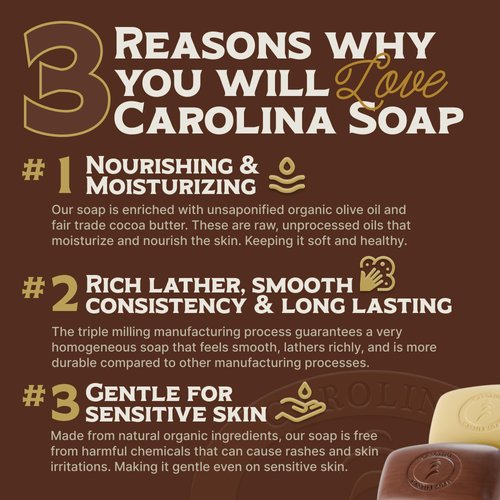 Carolina Castile Soap Vegan Unscented Castile Bar Soap – 6 Bars of Natural Soap for Men, Women, and Kids – Gentle, Hydrating Castile Soap Bars with Organic Cocoa Butter and Olive Oil, 5 Oz. Each