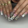 White French Tip Press on Nails Long Square Fake Nails Gold Rhinestone Coffin False Nails with Designs Dollar Money Nails Press on Acrylic Nails Glossy 3D Heart Glue on Nails for Women and Girls 24Pcs