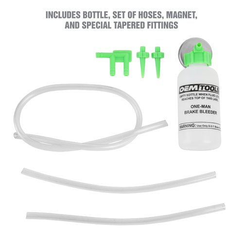 OEMTOOLS 25036 Bleed-O-Matic One-Man Brake Bleeder Kit, Featuring An Opaque Brake Bleed Bottle / Transparent Hoses and Tapered Fittings, No Mess Brake Fluid Bleeding , Multi color(Packaging May Vary)