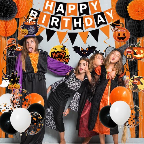 Halloween Birthday Party Decorations,Orange and Black Halloween Birthday Party Supplies Ghost Pumpkin Halloween Birthday Banner Balloons Foil Curtains Backdrop Hanging Swirl for October Birthday