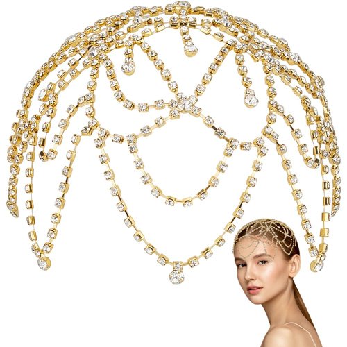 GORGECRAFT 1920s Crystal Cap Headpiece Flower Rhinestone Head Chain Golden Roaring 20s Great Gatsby Hair Accessories Hair Chain Hat for Bridal Cosplay Halloween Art Decor Party (with 2Pcs Hair Clip)