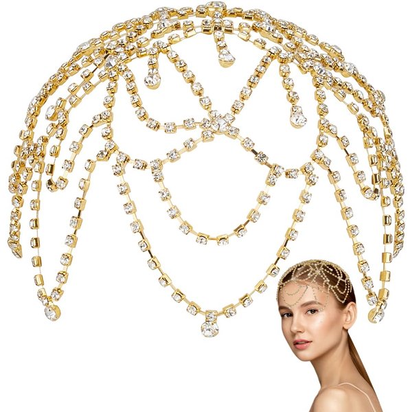 GORGECRAFT 1920s Crystal Cap Headpiece Flower Rhinestone Head Chain Golden Roaring 20s Great Gatsby Hair Accessories Hair Chain Hat for Bridal Cosplay Halloween Art Decor Party (with 2Pcs Hair Clip)