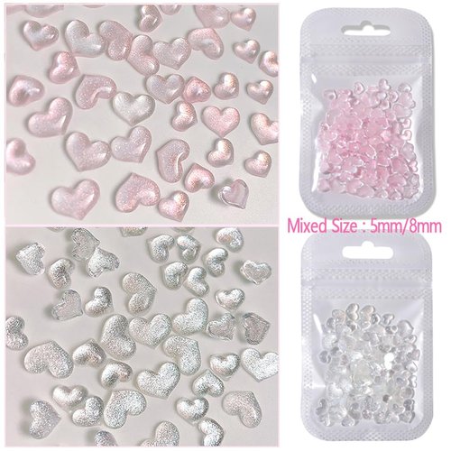 200 Pcs Glitter Clear Pink Heart Nail Art Charms Mixed Size 3D Love Hearts Nail Rhinestones Resin Crystal Nail Jewelry Acrylic Nail Supplies Women Valentine's Day Manicure Decoration Accessories