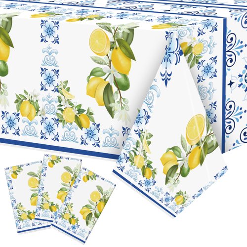 BkeeCten 3 Packs Capri Lemon Theme Tablecloth Party Decoration Set Mediterranean Lemon Pattern Disposable Plastic Table Cover Cute Lemon Waterproof Table Cloth for Summer Spring Fruit Party Table