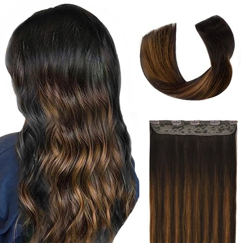 Winsky Hair Extensions Real Human Hair - One Piece Brown Balayage Remy Hair Extensions Clip on 70gram for Women (14inch, 2T6P2)