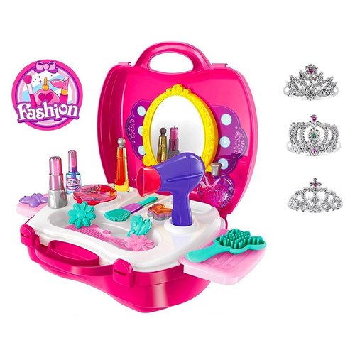 Pretend Play for Girls, 21 Pieces Vanity Set w/ Mirror +3 Free Tiaras, Beauty Hair Salon Kit, Play Makeup Toys for 3 Years Old, No Chemicals, No BPA, Best Christmas and Birthday Gift for Preschoolers
