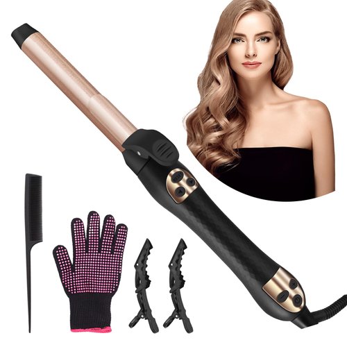 MYMULIKE Rotating Curling Iron - 25mm/1 Inch Automatic Curling Iron for All Hair Type, Anti-Scald Ceramic Hair Curler for Lasting Beach Waves, Adjustable Temp, Dual Voltage for Home & Travel