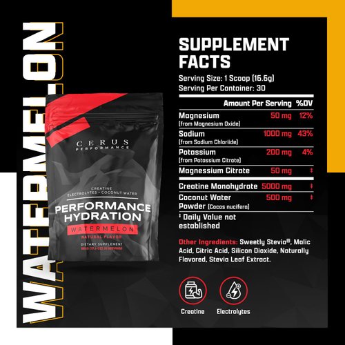 Cerus Performance - Performance Hydration Electrolyte Powder – Watermelon Flavor, 5g Creatine Monohydrate, 500mg Coconut Water Powder – Supports Endurance, Muscle Recovery & Keto 30 Servings