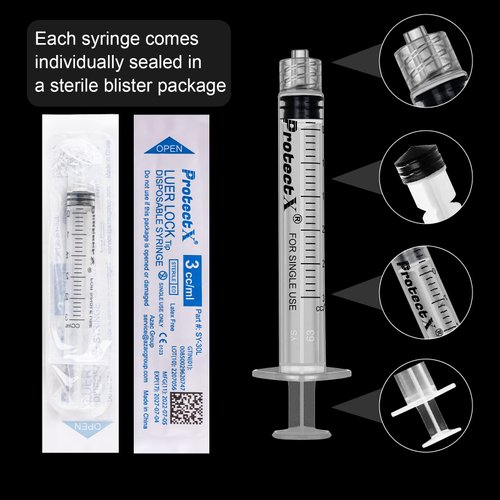 ProtectX 3ml Disposable Luer Lock Sterile Syringe (No needle), Individually Sealed, Smooth and Accurate Dispensing for Science Labs, 100-Pack