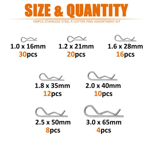 ISPINNER 100pcs 304 Stainless Steel Cotter Pins Assortment Kit, 7 Sizes R Clips for Hitch Pin Lock Systems