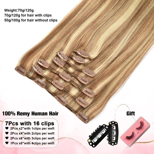 Senmy Clip in Hair Extensions Real Human Hair Blonde16inch 120g 7Pcs Silky Straight Highlighted Blonde Human Hair Clip in Extensions #P8/613 Camel Brown with Blonde Hair Extensions Clip In