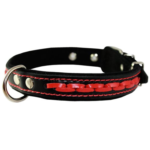 Red on Black Genuine Leather Braided Dog Collar 20"x1", Fits 14"-18" Neck