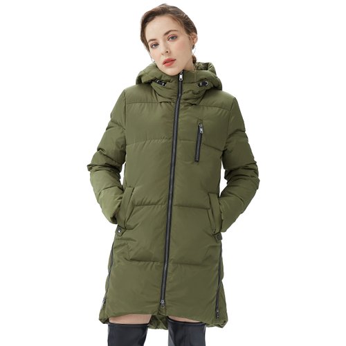 Orolay Women's Stylish Down Jacket Hooded Winter Coat Two-Way Zipper Puffer Jacket Army Green M