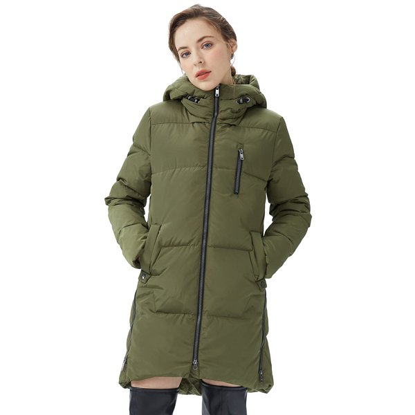Orolay Women's Stylish Down Jacket Hooded Winter Coat Two-Way Zipper Puffer Jacket Army Green M