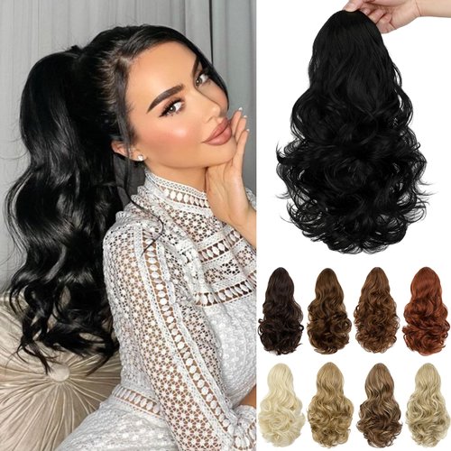 Leterly Ponytail Extension,15" Drawstring Ponytail Hair Extensions Short Wavy Pony Tail Natural Curly Soft Synthetic Hairpiece for Women Dark Black