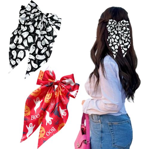 Halloween Hair Bows Hair Clip White Ghost Pumpkin Hair Accessories For Women Black Red Hair Bow Non-Slip Big Bowknot Hair Ribbon for Halloween Claw Clips Spooky Funny Ponytail Hair Barrettes 2Pcs