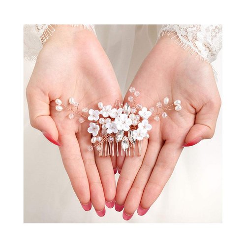 Campsis Wedding Bridal Hair Comb Rhinestone Pearl Hair Combs Flower Leaf Tiara Hair Accessory for Women Bride Brideamid Prom Party (Rose gold)