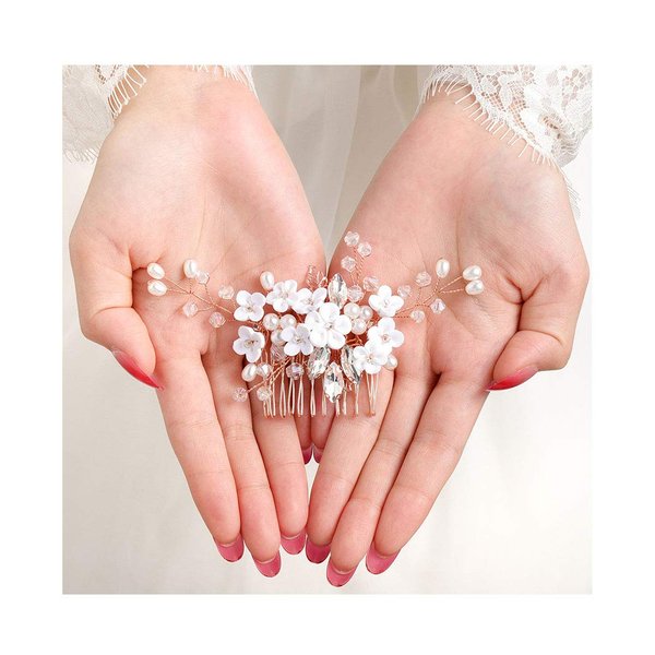 Campsis Wedding Bridal Hair Comb Rhinestone Pearl Hair Combs Flower Leaf Tiara Hair Accessory for Women Bride Brideamid Prom Party (Rose gold)