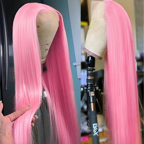 JPIKAQIU Synthetic Lace Front Wigs Pink Hair Lace Front Wigs 24‘’ Long Straight Hair Glueless Lace Wigs for Fashion Women