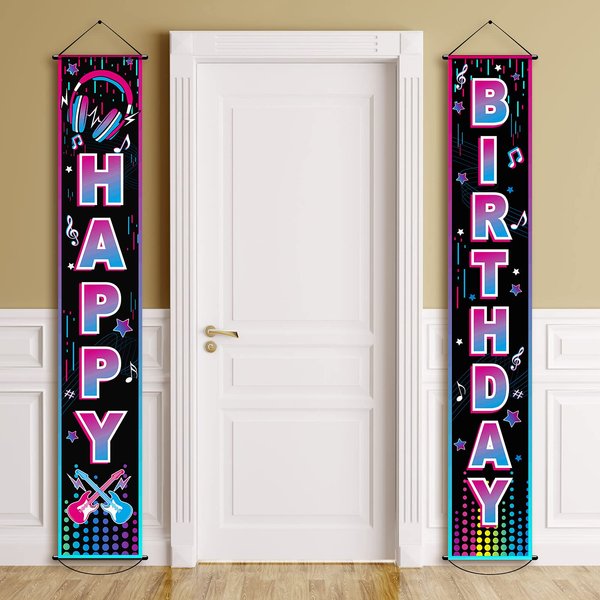 Music Happy Birthday Party Banner Music Party Decorations Outdoor Hanging Banners Musical Theme Door Porch Sign Music Birthday Party Decoration Supplies for Teens Social Media Theme Birthday Party