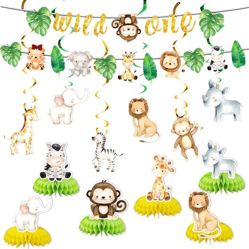 19pcs Wild one Birthday Party Supplies,Wild one Banner,Wild one animal Hanging CutoutsHanging Swirl,Wild one Birthday Honeycomb Centerpieces Jungle Animal Birthday Decorations set