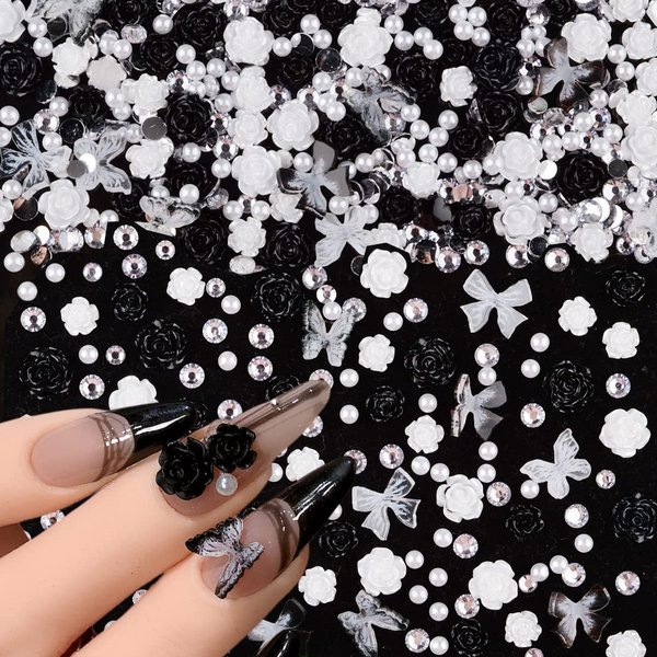 Umillars 3D Flowers Nail Art Charms Rhinestones Kit,Acrylic Black White Camellia Rose Flower 3D Butterfly Mix White Nail Rhinestones Round Pearls for Nail Art Designs DIY Accessories Craft