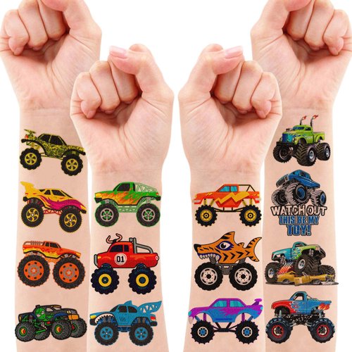 8 Sheets (96PCS) Monster Truck Temporary Tattoos Themed Birthday Party Decorations Favors Supplies Decor Stickers for Kids Boys Girls Gifts Classroom School Prizes Rewards