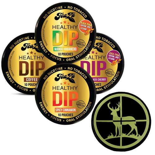 TeaZa Herbal Pouch Cinnamon, Mango Habanero, Coffee, Bangin Black Cherry 4 Can Variety Pack with DC Crafts Nation Skin Can Cover - Deer
