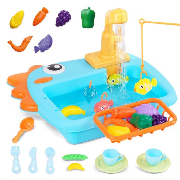 Kitchen Sink Toys with Running Water Kids Play Kitchen Accessories with Automatic Water Circulation Tableware Accessories Vegetable Fruit Fishing Games Gift for Girls and Boys