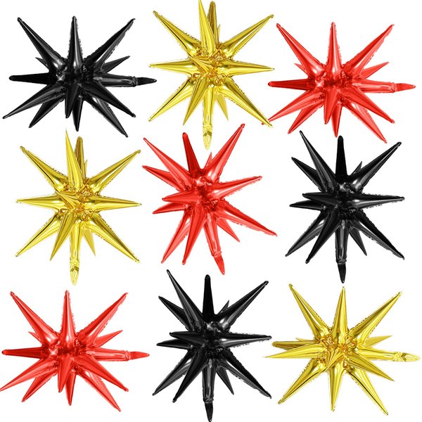 Black Red Gold Star Balloons,9Pcs Black Gold Explosion Star Foil Balloons,22Inch Spike Cone Star Helium Mylar Balloons for Birthday Anniversary Baby Shower New Year Disco Party Decorations