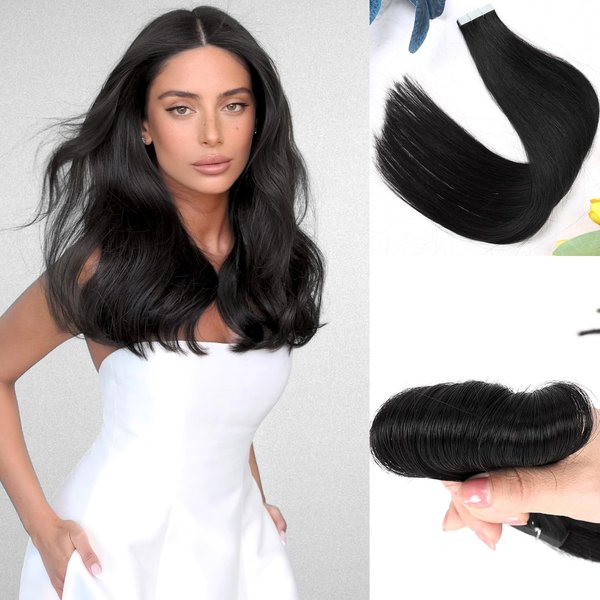 Quantum Love Tape in Hair Extensions Human Hair 14 Inches Natural Black Hair Extensions Real Human Hair 20pcs Invisible Seamless Skin Weft Tape in Hair Extension for Women