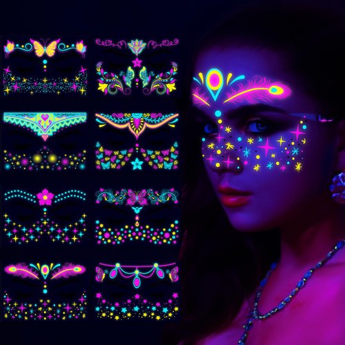 Glow in The Dark Tattoos Stickers, Fake Face Temporary Tattoos Makeup UV Neon Floral Body Paint Tattoo Stickers Decorations for Adults Women Festival Bar Party Supplies 8PCS