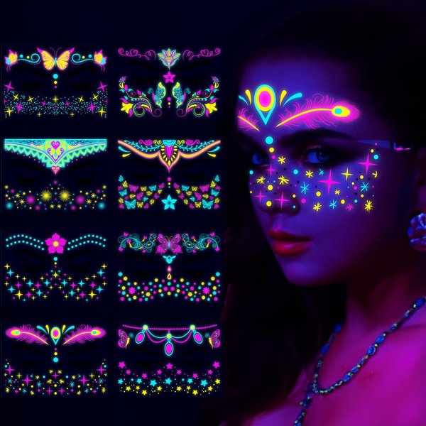 Glow in The Dark Tattoos Stickers, Fake Face Temporary Tattoos Makeup UV Neon Floral Body Paint Tattoo Stickers Decorations for Adults Women Festival Bar Party Supplies 8PCS