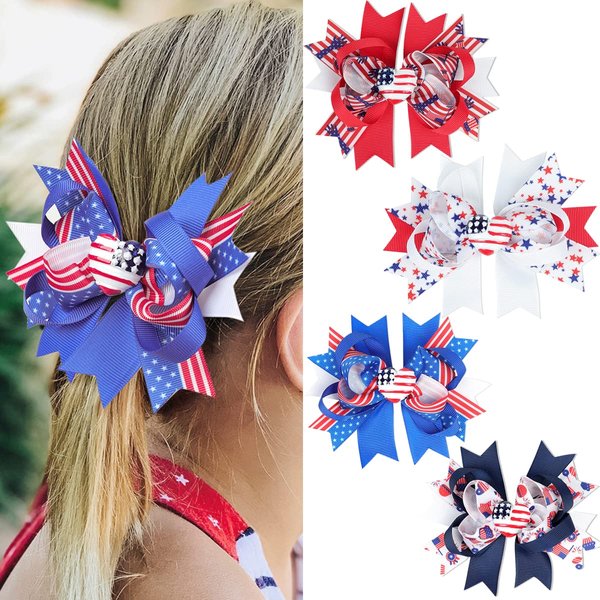 4th of July Hair Clips White Blue Red Bows Clips Grosgrain Hair Barrettes Independence Day Headwear Boutique Hairpin Hair Accessories Alligator Clips Supplies Party Decorations for Girls Kids 4PCS
