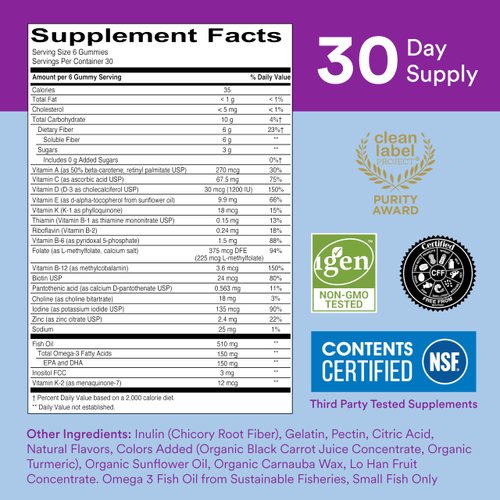 SmartyPants Fiber Supplement & Multivitamin for Men & Women: Multivitamin Fiber Gummies with Vitamin D3, C, Vitamin B12, B6, Vitamin A, K & Zinc, Omega 3 Fish Oil (EPA/DHA), 180 Count (30 Day Supply)
