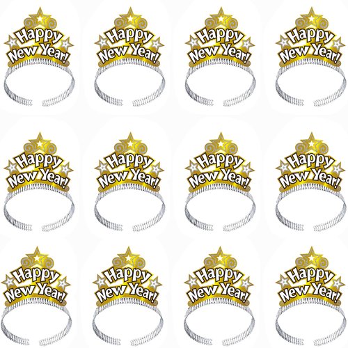 Cotiny 12 Pack Paper Happy New Year Headbands Golden New Year Party Hats for Kids and Adults New Year Party Supplies (Color Style 1)