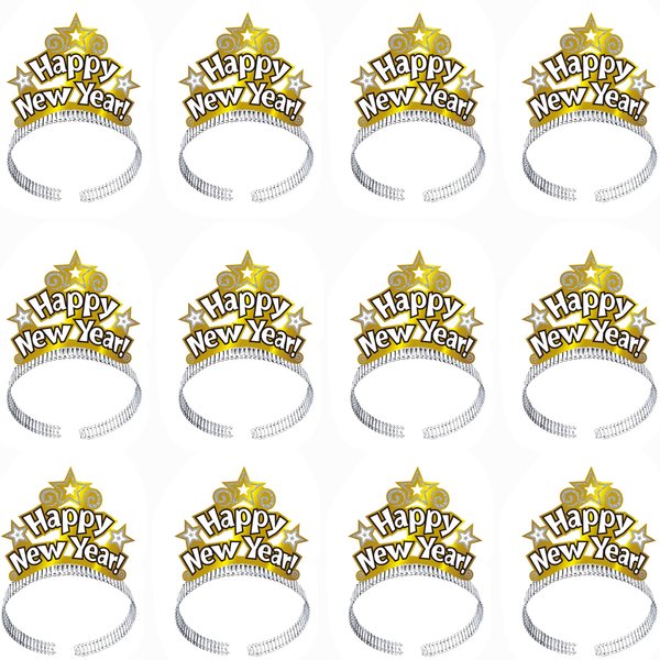 Cotiny 12 Pack Paper Happy New Year Headbands Golden New Year Party Hats for Kids and Adults New Year Party Supplies (Color Style 1)