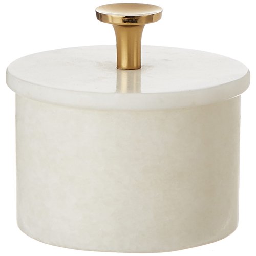 Queenza Salt Cellar with Lid & Brass Knob - 3 Inch White Makrana Marble Salt Bowl, Salt Dish for Kitchen and Dining - Multipurpose Small Box with Lid