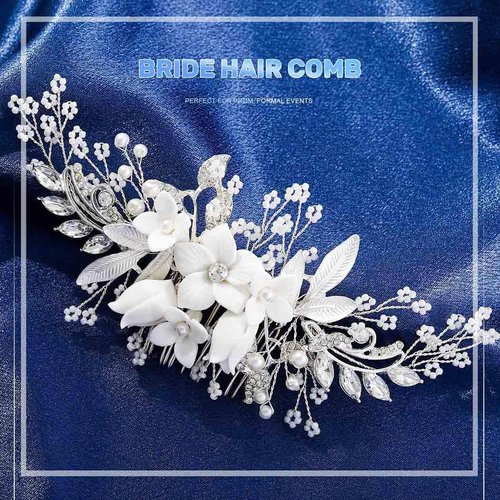 Olbye Wedding Hair Comb Rhinestone Silver Bridal Hair Pieces Flower Crystal Prom Headpiece Pearls Bride Hair Clips Bridesmaids Decorative Hair Side Combs Wedding Hair Accessories for Brides (Silver C)
