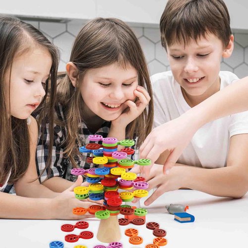 beekbork Wooden Colorful Stacking Tree Toy, Building Blocks for Kids Boys and Girls, 56 PCs Wood Balancing Blocks Montessori Toy Gift for Kids Age 3+
