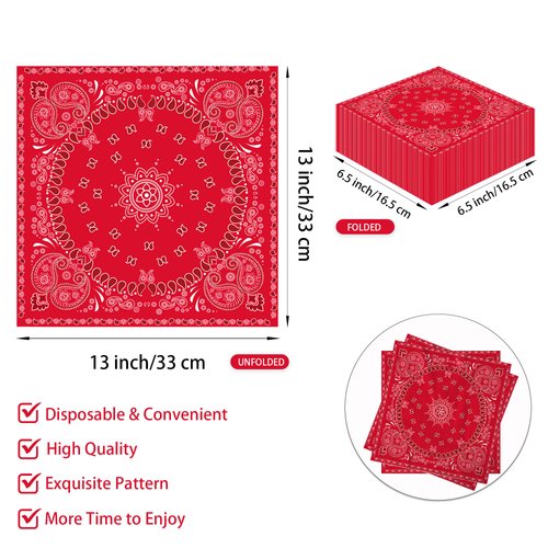 40Pcs Red Bandana Western Paper Napkins Red Bandana Disposable Party Napkins Set Paisley Print Bandana Western Paper Luncheon Napkins for Red Bandana Western Cowboy Theme Party Supplies