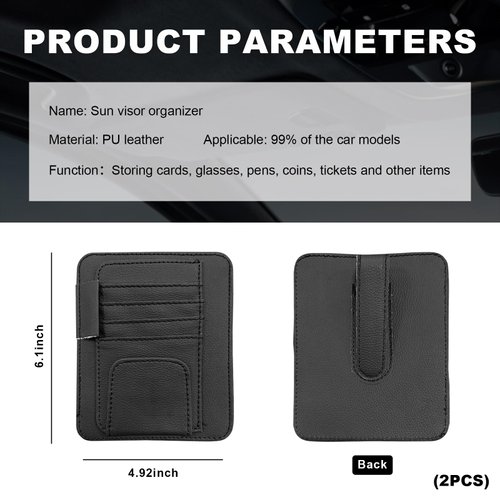 Dickno 2PCS Small Leather Car Sun Visor Organizer, Multifunctional Auto Visor Document Holder with Sunglasses Clip, Universal Car Interior Organizer for Drving License, Card, Pen (Black)