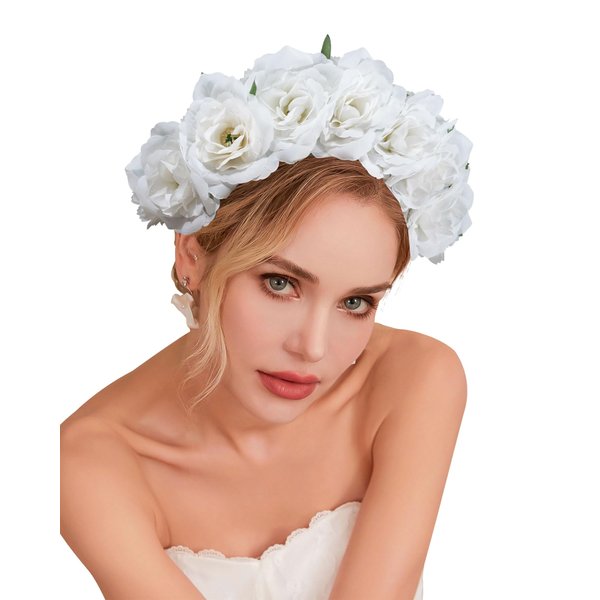 CHLINS Boho Floral Headbands for Women Double Sided Flower Crown Headband Non Slip Wide Hairband Flower Headpiece for Wedding Party Birthday (White)