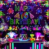 Neon Birthday Party Decorations Neon Happy 16th Birthday Banner Backdrop Glow in The Dark Party Decorations with UV Black Light Reactive for Let Glow Neon Birthday Blacklight Halloween Party Supplies