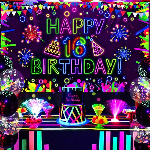 Neon Birthday Party Decorations Neon Happy 16th Birthday Banner Backdrop Glow in The Dark Party Decorations with UV Black Light Reactive for Let Glow Neon Birthday Blacklight Halloween Party Supplies