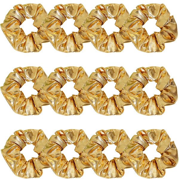 12 Pcs PU Leather Cheer Hair Scrunchies Gold Scrunchy School Performance Ponytail Holder Hair Accessories for Cheerleading Teen Girls College Sports (Gold)