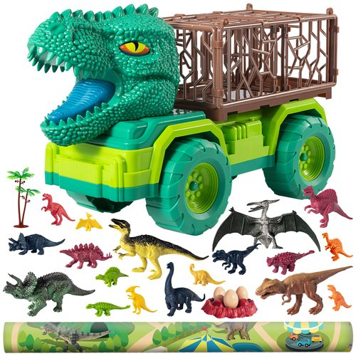 TEMI 25 in 1 Tyrannosaurus Kids Dinosaur Carrier Truck Set, Dinosaur Transport Car Toys for Kids 3-5 with Play Mat, 18 Dinosaur Figures, Eggs, Capture Dinosaurs Playset for 3 4 5 6 7+ Year Old